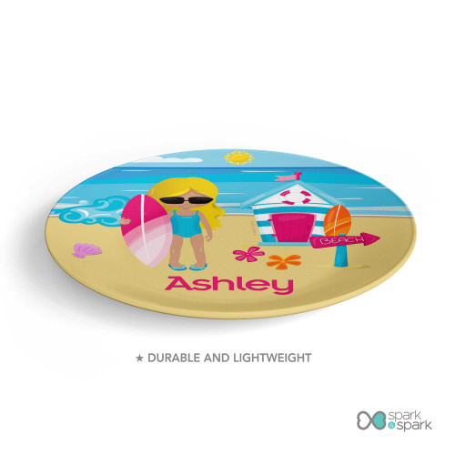 Personalized kids plate with beach girl holding surfboard sunny ocean scene and name Ashley