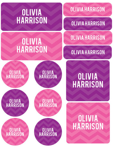 Girls Name on Chevron Purple Waterproof Labels Variety Pack (Set of 56)