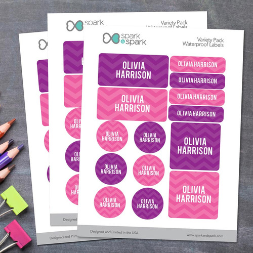 Girls Name on Chevron - Purple Waterproof Labels Variety Pack