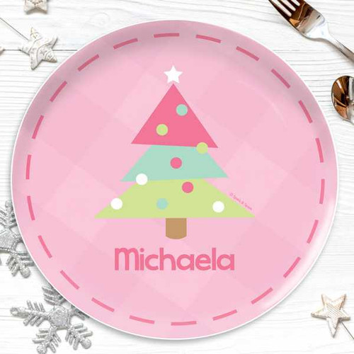 Modern Xmas Tree Pink Kids Plate