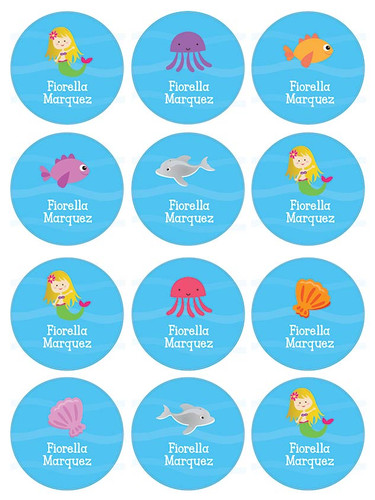 Sweet Mermaid Waterproof Round Labels for Kids (Set of 48)