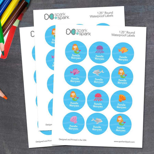 Sweet Mermaid Waterproof Round Labels for Kids (Set of 48)