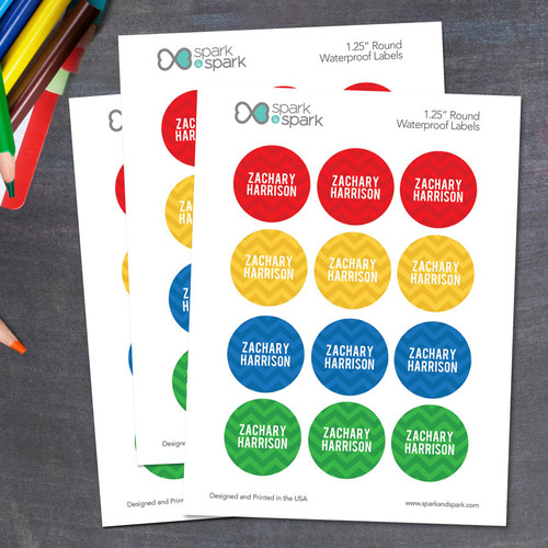 Red and Yellow Chevron Waterproof Labels for Kids (Set of 48)