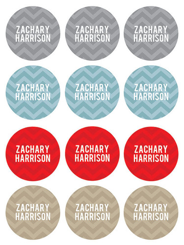 Blue and Grey Chevron Waterproof Labels for Kids (Set of 48)