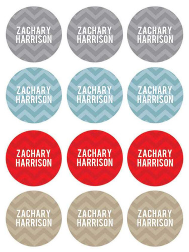 Blue and Grey Chevron Waterproof Labels for Kids (Set of 48)