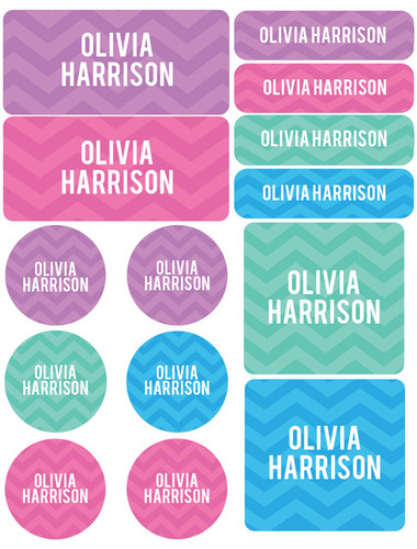 Girls Name on Chevron Pink Waterproof Labels Variety Pack (Set of 56)