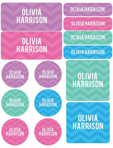 Girls Name on Chevron Pink Waterproof Labels Variety Pack (Set of 56)