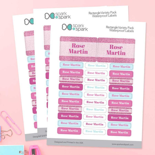 Glitter Pink Name Waterproof Labels Rectangular Pack