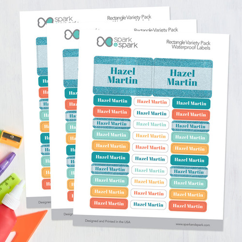 Glitter Blue Name Waterproof Labels Rectangular Pack