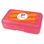 Spark & Spark Fun Initials Orange Pencil Box, pink plastic pencil box with personalized label featuring a large red letter 'P' and the name 'Patricia' on an orange and yellow striped background.