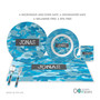 Spark & Spark Blue Camouflage Kids Placemats, set of blue camouflage-designed placemats, plates, and a mug personalized with the name Jonas