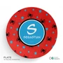 Spark & Spark Fun Spider Web Kids Placemats, round red placemat with black spiders, blue stars, and spider web designs, personalized with the name Sebastian in the center.