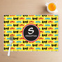 Spark & Spark Super Hero Masks Kids Placemats, colorful superhero mask pattern with personalized name and initial on a placemat for kids' meals.