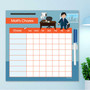 Spark & Spark A Boy Crunching Numbers Chore Chart, colorful weekly chore chart with columns for days of the week and rows for chores, designed for children to track household tasks.