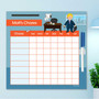 Spark & Spark A Boy Crunching Numbers Chore Chart, a colorful weekly chore chart for children with space for chores and days of the week, featuring a cartoon boy and office background.