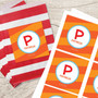 SparkGreetings® Fun Initials Orange Gift Label Set, personalized gift labels with orange and white design featuring a large letter P and name Patricia.