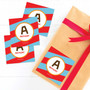 SparkGreetings® Fun Initials Red Gift Label Set, colorful gift tags with initials and names, ready for gift wrapping.