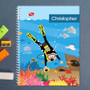 Spark & Spark Under the Sea Boy Kids Notebook, underwater scene with a boy diving with scuba gear among fish, jellyfish, and colorful coral.