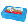 Spark & Spark Cool Scientist Boy Personalized Pencil Box, blue plastic pencil case with a cartoon scientist boy and science laboratory illustrations on the top, personalized with the name Christian.