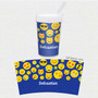 Spark & Spark Boy Emojis Toddler Cup, blue cup featuring various emoji faces with different expressions, and a white lid with a straw, personalized with the name Sebastian.