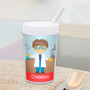 Spark & Spark Cool Scientist Boy Toddler Cup, illustrated cup featuring a boy dressed as a scientist with safety glasses and lab coat, holding a test tube, personalized with the name Christian.
