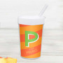 Spark & Spark Brilliant Initial Orange Toddler Cup, a colorful plastic kids' cup with a straw and a lid, featuring a large green letter 'P' and the text 'P is for Pedro' on the label.