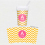 Spark & Spark Chevron Mustard and Pink Toddler Cup, personalized with name 'Amelie' on a pink circle, featuring a yellow and white chevron pattern.