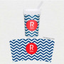 Spark & Spark Chevron Navy And Red Toddler Cup, a cup with navy and red chevron pattern and a straw, personalized with the letter R and the name Ryan.