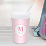Spark & Spark A Shiny Pink Letter Toddler Cup, pink cup with white lid and straw, personalized with letter M and name Maya.