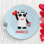 Spark & Spark Panda and Hearts Kids Plates, round blue kids plate featuring a cute panda with a heart, a gray bucket with hearts, and the name Marco written in red.
