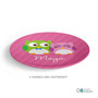 Spark & Spark Sweet Owls Kids Plates, pink plate with cartoon owl illustrations and customizable name 'Maya' on it.