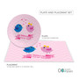 Spark & Spark Sweet & Cute Birds Kids Placemat, pink and purple matching plate and placemat set with illustrations of two cheerful birds and a personalized name 'Jennifer' on a pink ribbon banner.
