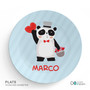 Spark & Spark Panda and Hearts Kids Placemat, round baby placemat featuring a cute panda wearing a top hat and red bow tie, holding a heart-shaped balloon and a bucket filled with hearts, personalized with the name 'Marco', 10 inches diameter.