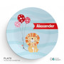 Spark & Spark Balloon Lion Kids Placemat, round children's placemat with a cute lion illustration, three colorful balloons with hearts, and a red banner with the name Alexander, 10 inches diameter.