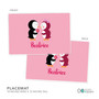 Spark & Spark Penguins in Love Kids Placemat featuring adorable penguin graphic with one holding a flower, pink background with dotted pattern, personalized with the name Beatrice.