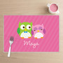 Spark & Spark Sweet Owls Kids Placemat, pink table placemat with colorful cartoon adorable owls and the name Maja written on it.