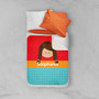 Spark & Spark Just Like Me Girl Red Sherpa Blanket, children’s cozy red and teal blanket with a cartoon girl and personalized name 'Stephanie' on it.