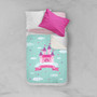 Spark & Spark A Castle in the Sky Sherpa Blanket, a colorful children's blanket featuring a pink castle with a banner with the name Stephanie, surrounded by clouds and hearts.