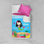 Spark & Spark Sweet Mermaid Sherpa Blanket on a bed, featuring a colorful underwater scene with a smiling mermaid, custom name 'Amelie', and vibrant coral and sea life.