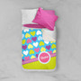 Spark & Spark Happy Hearts Sherpa Blanket, colorful heart pattern with a personalized name 'Diana' on it, laid over a bed with pink and white pillows.