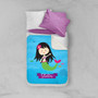 Spark & Spark Cute Mermaid Sherpa Blanket, colorful children's blanket featuring a cute cartoon mermaid with a pink flower in her hair, on a blue ocean background with her name Stella