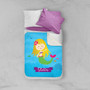 Spark & Spark Cute Mermaid Sherpa Blanket, colorful children's blanket featuring a cartoon mermaid with long blonde hair, pink flower, and a purple tail on a blue ocean background with fish, personalized with the name Stella.