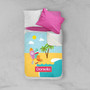 Spark & Spark Fun At The Beach Sherpa Blanket with personalized name Daniella, featuring a colorful beach scene with surfboards, palm trees, and sunny sky on a bed with pink and white pillows.