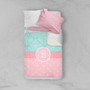 Spark & Spark Pretty Blue Damask Sherpa Blanket, pink and blue blanket with damask pattern and monogrammed letter B on a bed with pillows.