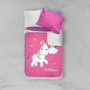 Spark & Spark Rainbow Unicorn Sherpa Blanket, pink children's blanket featuring a cute unicorn with a rainbow mane, a starry sky, and a personalized name Melissa.