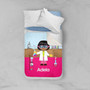 Spark & Spark Cute Scientist Girl Sherpa Blanket, colorful illustration of a young girl scientist with lab equipment and the name Adela on a pink background.