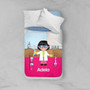 Spark & Spark Cute Scientist Girl Sherpa Blanket, featuring a cartoon girl wearing safety goggles in a science laboratory with laboratory glassware, and a customizable name 'Adela' on a pink background.