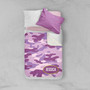 Spark & Spark Purple & Green Camouflage Sherpa Blanket, customizable with name Jessica, laid on a bed with pillows.