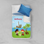 Spark & Spark Yo Ho Pirate Sherpa Blanket, children's plush blanket with pirate and ocean-themed design, personalized with the name Anthony, on a bed with pillows.