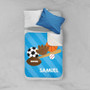 Spark & Spark Sports Fan Sherpa Blanket, personalized children's bed blanket with sports-themed design including a soccer ball, basketball, baseball, football, and a baseball bat, with the name Samuel printed on it.